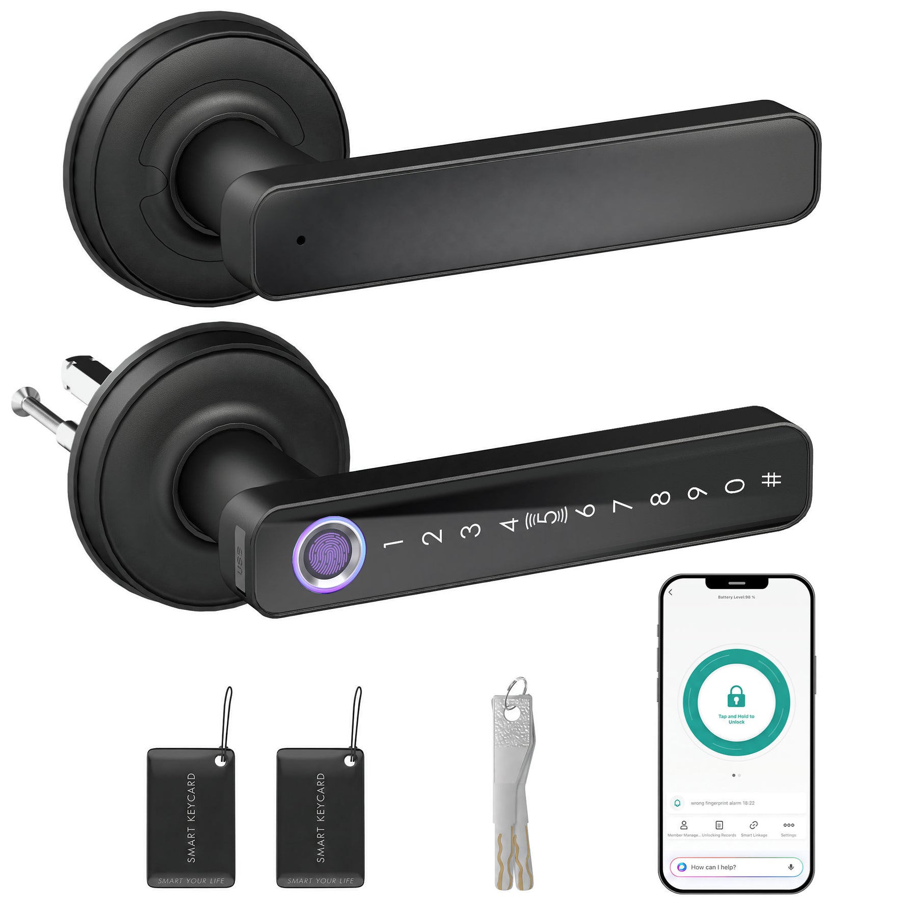 Serrure de Porte Intelligente, 5 Accès par Empreinte, Code, Carte NFC, Application Tuya/Smart Life et Clé, Noir
