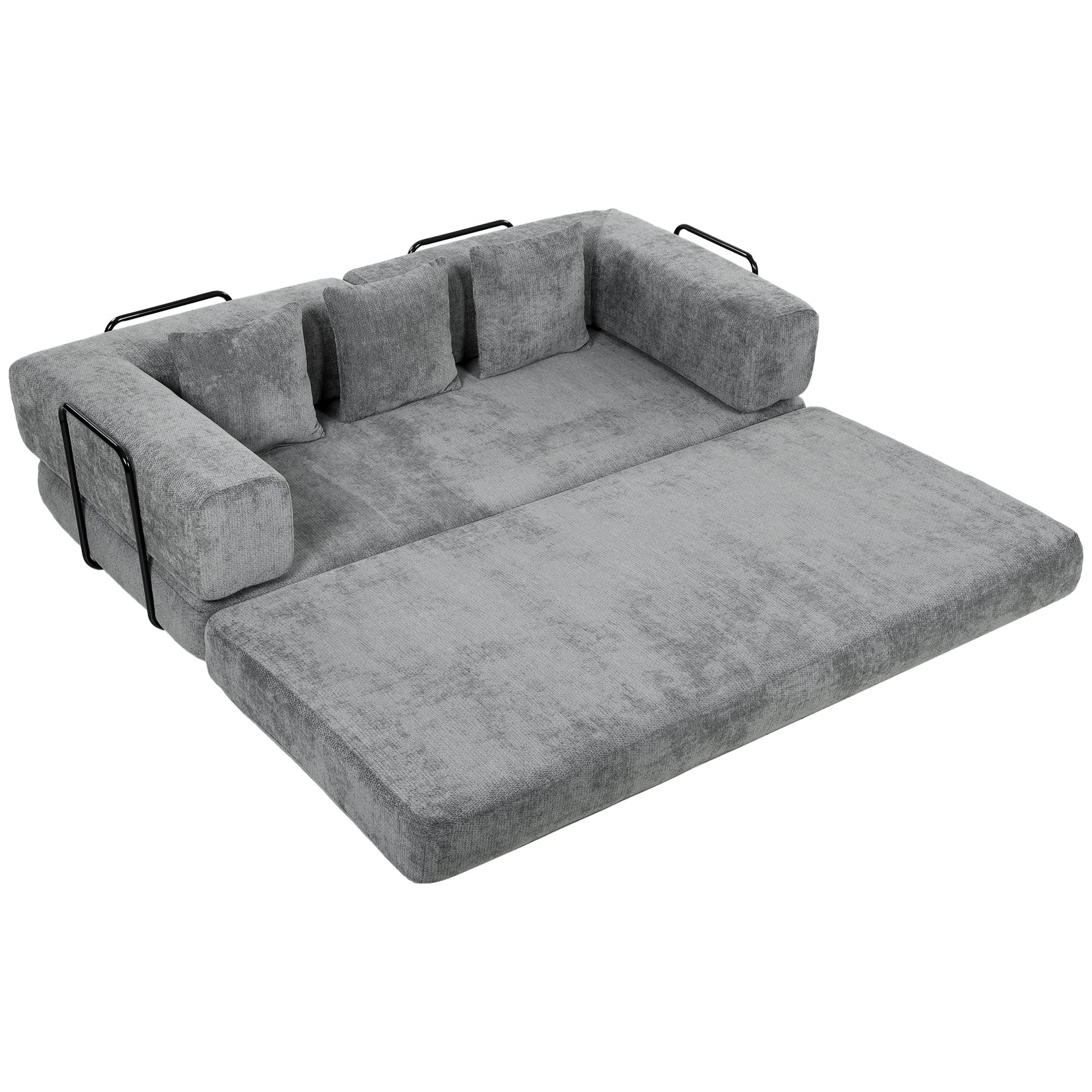 Canapé Convertible 3 Places Compressé 5 en 1, Canapé-Lit en Chenille 205cm, Assise Profonde, 2 Coussins, Gris-0