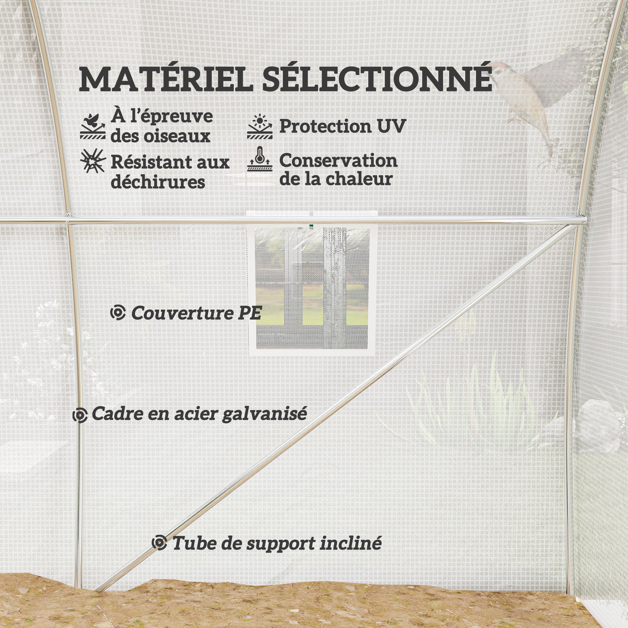 Serre de jardin tunnel 9 m² 4 fenêtres, porte zippée enroulable châssis acier galvanisé, bâche PE 3 x 3 x 2 m blanc