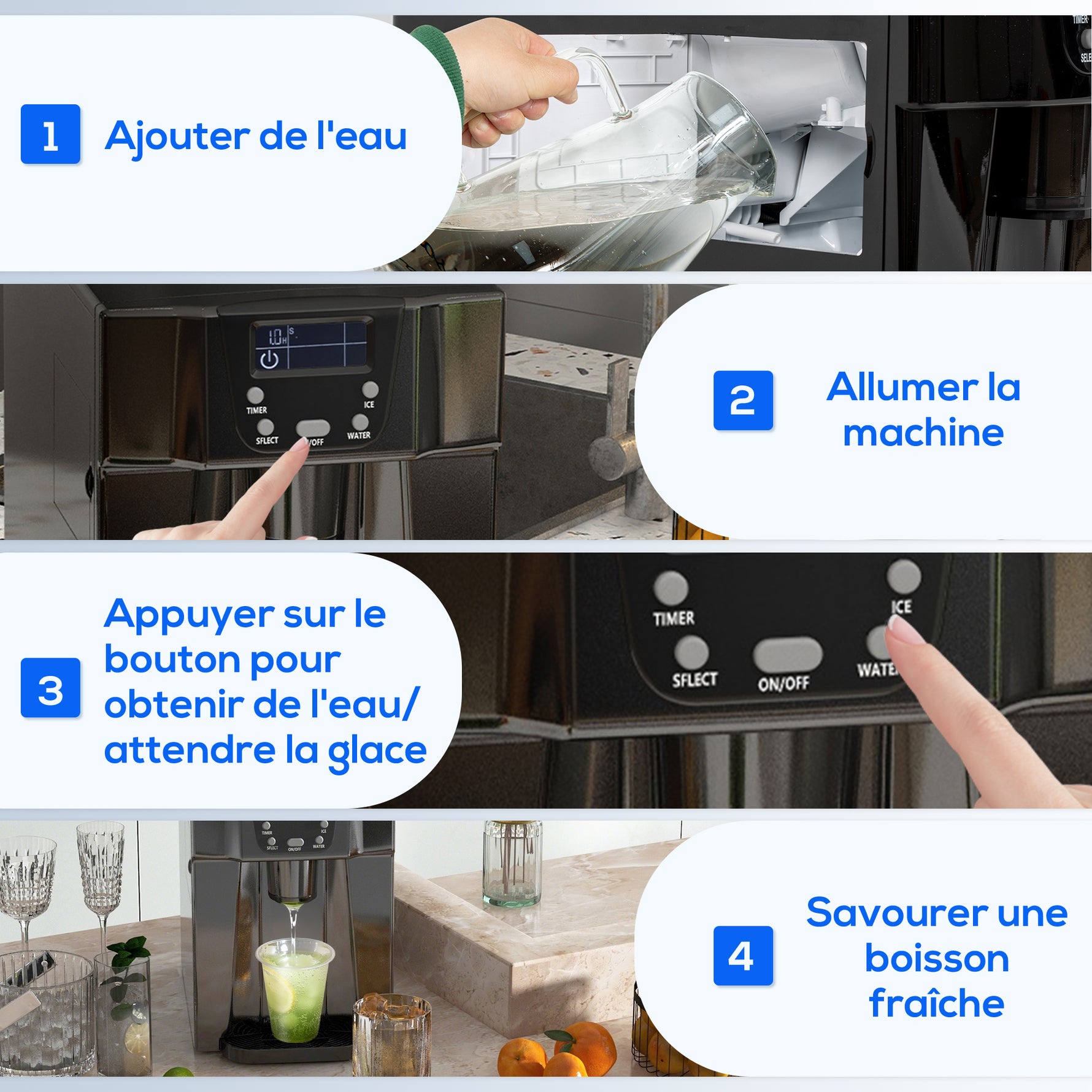 Machine à glaçons avec distributeur d'eau, ice maker, 12kg en 24h, 9 glaçons en 6-10 minutes, 25,2x38,9x36,3cm, noir