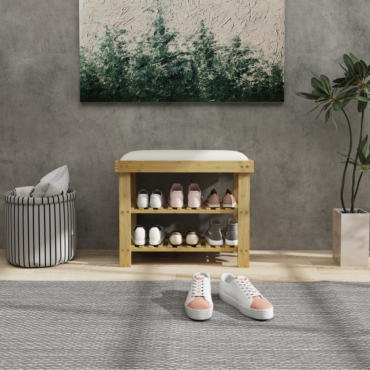 Banc à chaussures en bambou, étagère à chaussures à 3 niveaux, style scandinave, 60 x 29 x 49 cm, crème et bois naturel