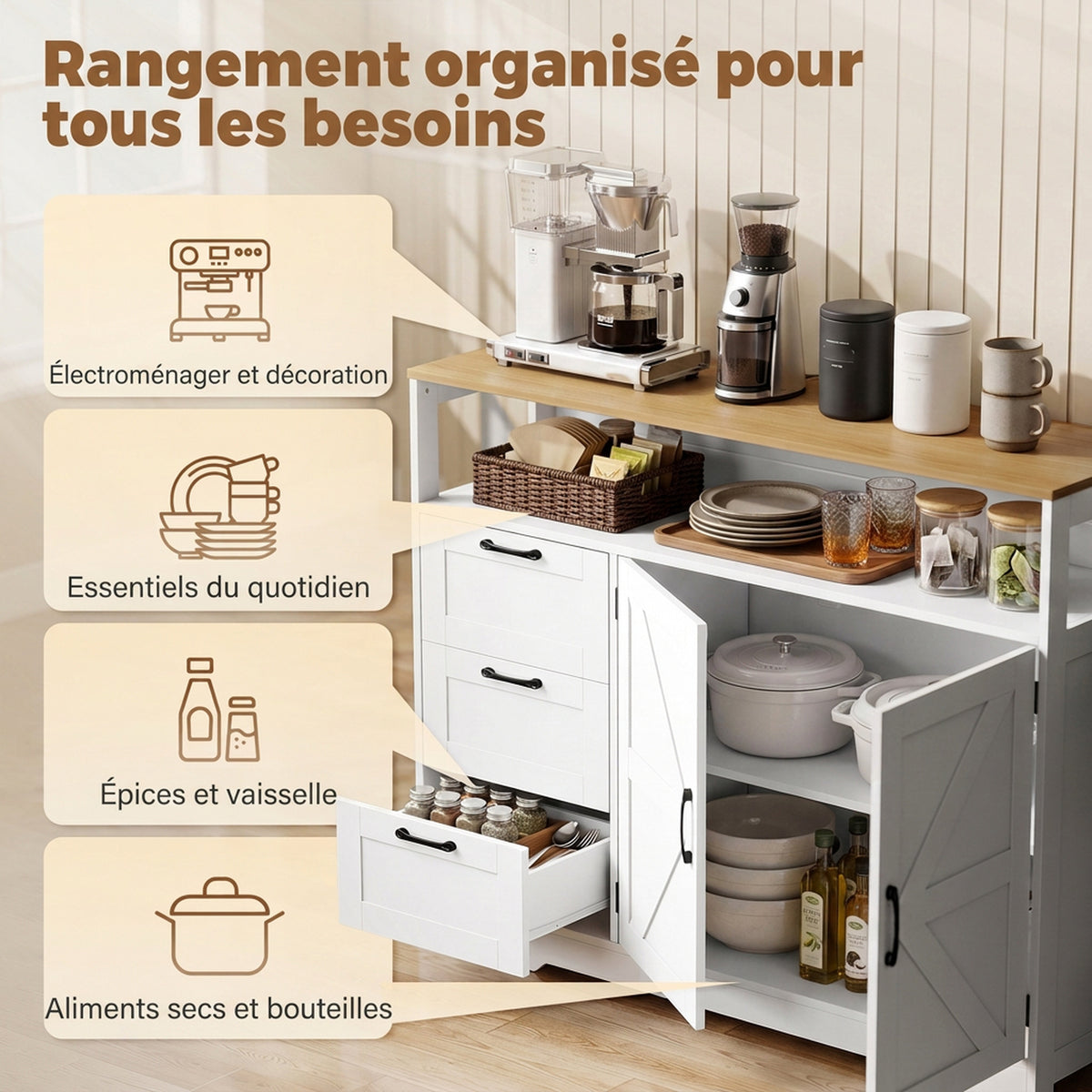 Credenza da cucina, mobile contenitore con 3 cassetti, 2 ante stile rustico, piano di lavoro e scomparto aperto, bianco