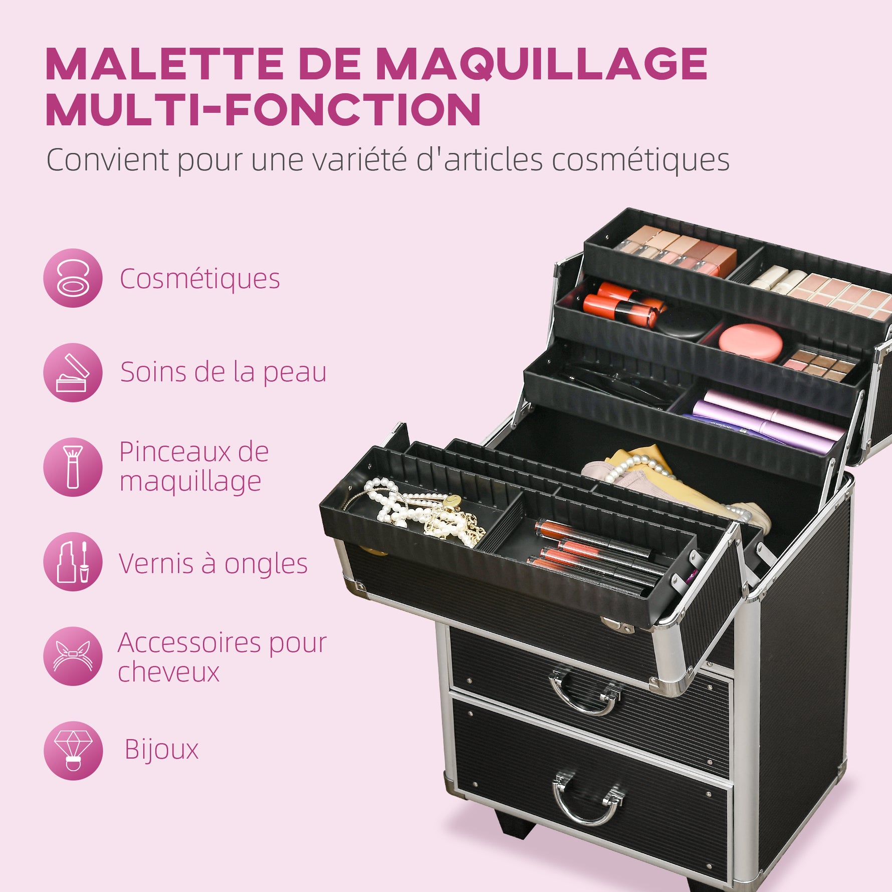 Valise trolley maquillage mallette cosmétique vanity poignée télescopique réglable 36L x 23l x 58H cm alu ABS noir