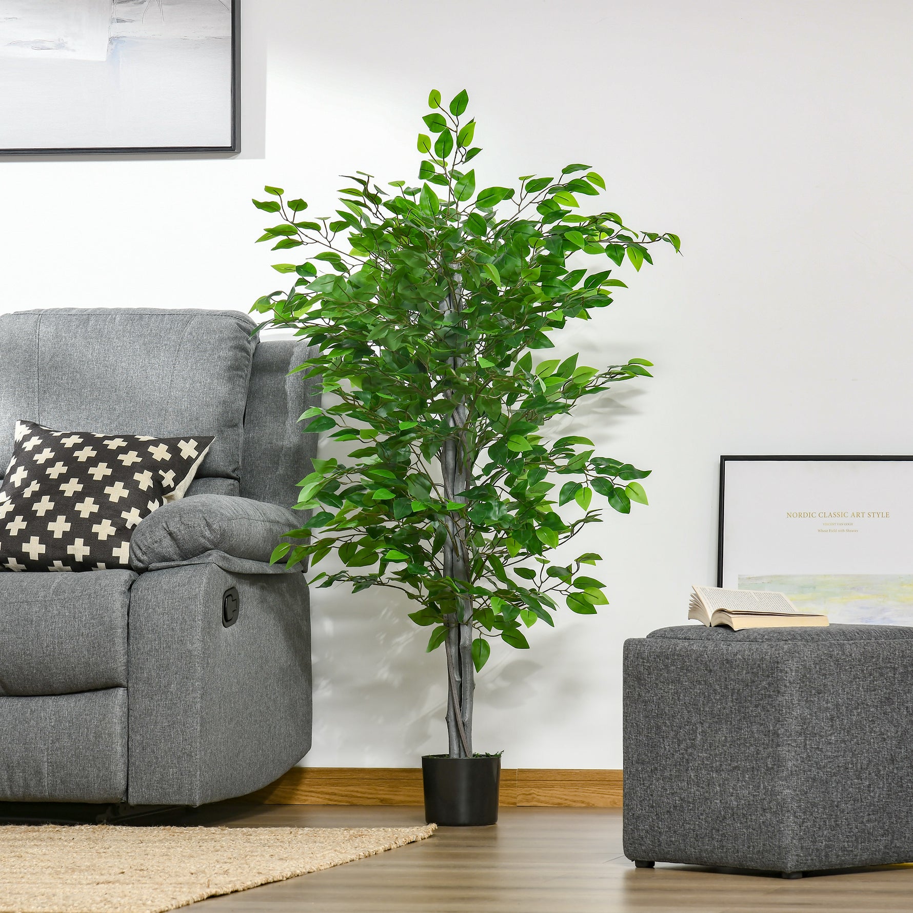 Arbre Artificiel Plante Artificielle ficus H.1,35 m Tronc Branches Liane Lichen Feuilles Grand réalisme Pot Inclus