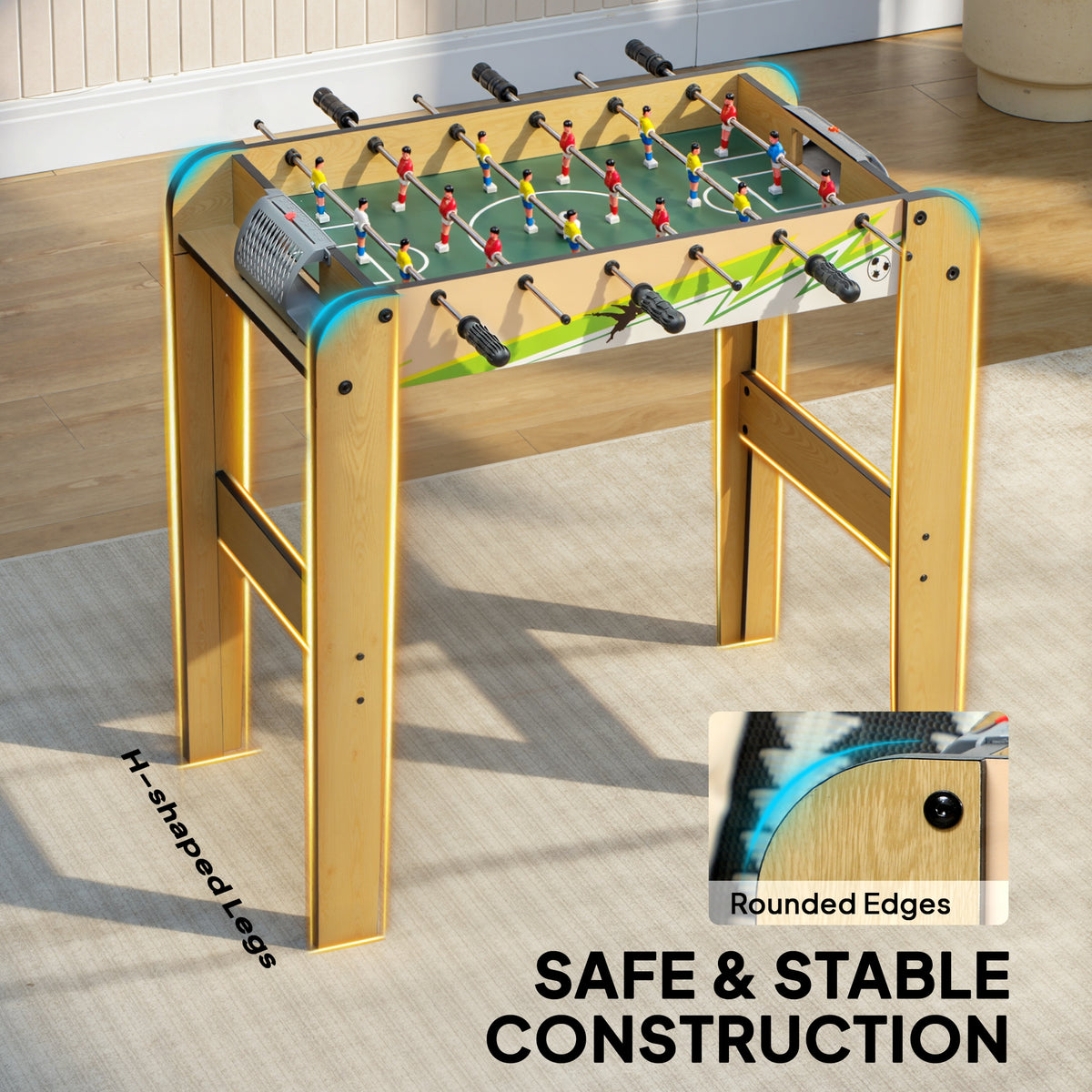 Haurrentzako Futbolin 18 Jokalari 2 Pilota, 360°-ko Barrak, Helduleku Irristagaitzak, Markagailuak, 75x66x75cm, Egur Naturala
