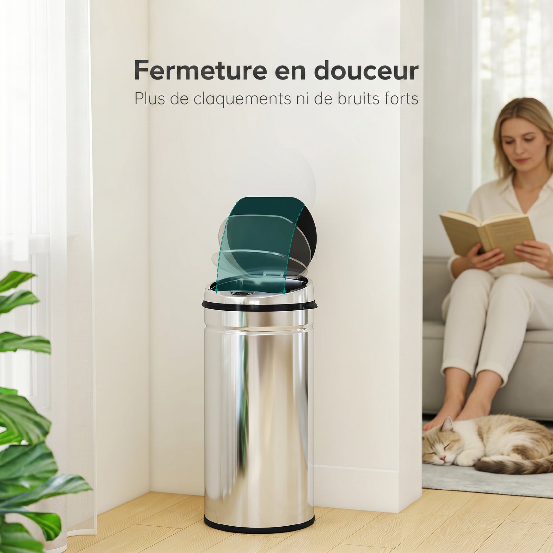 Poubelle à capteur de mouvement ouverture automatique 1 bac de 42 L en acier inoxydable noir et argent
