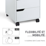 Caisson bureau mobile avec 3 tiroirs, meuble rangement bureau sur roulettes pour documents et imprimante, caisson de rangement compact pour travail ou chambre, 40x50x57,5cm, blanc