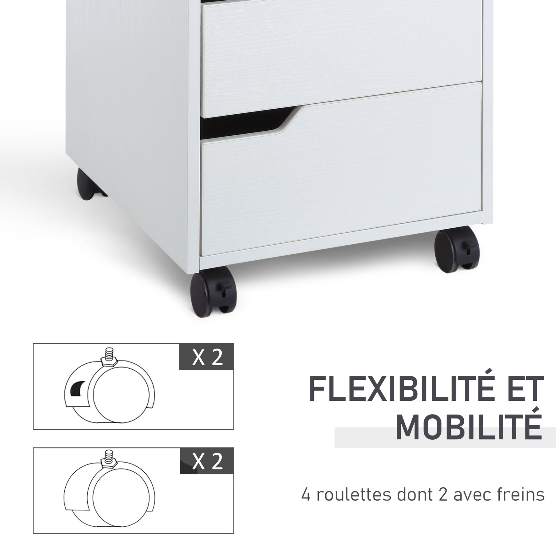 Caisson bureau mobile avec 3 tiroirs, meuble rangement bureau sur roulettes pour documents et imprimante, caisson de rangement compact pour travail ou chambre, 40x50x57,5cm, blanc