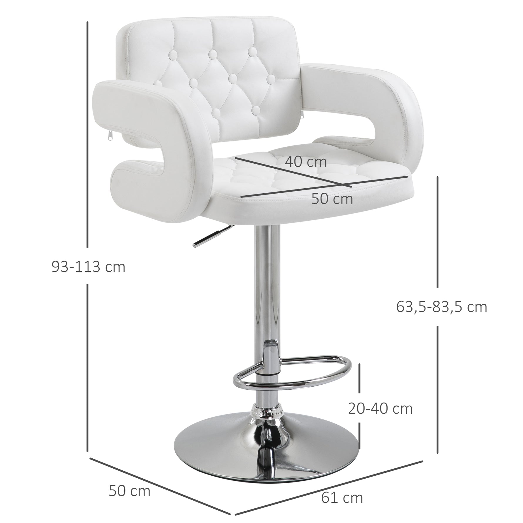 Tabouret de bar pivotant chaise de bar réglable en hauteur avec dossier repose-pieds et accoudoirs 61x50x93-113cm blanc