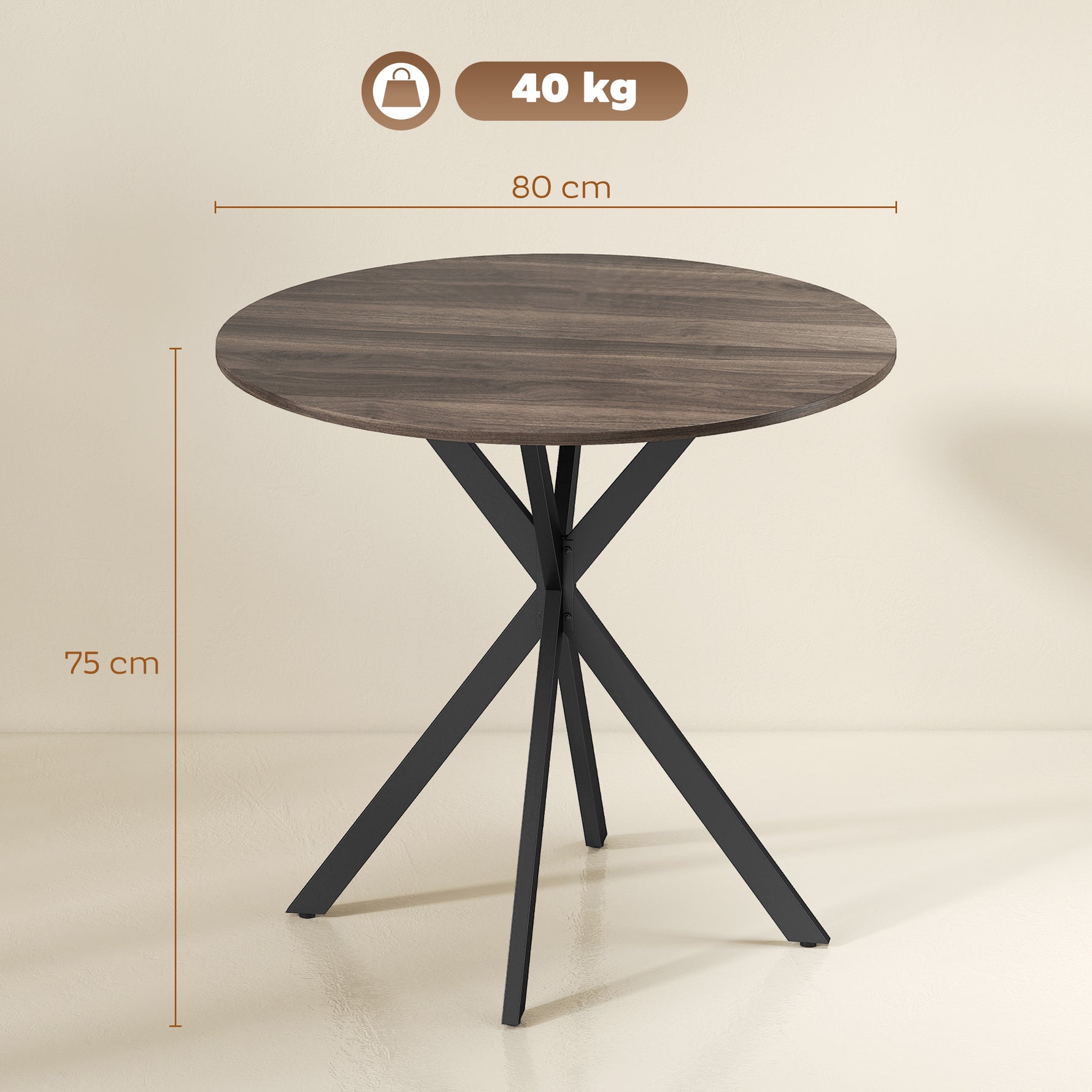 Table à manger ronde pour 2 personnes avec plateau aspect bois et piètement croisé en acier, marron