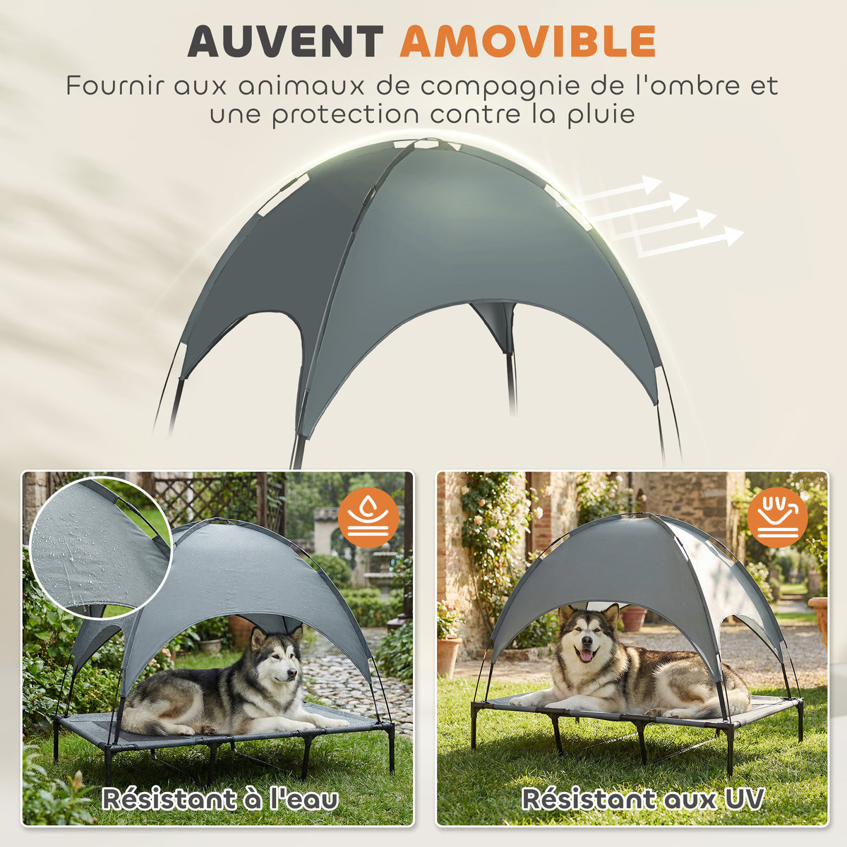 Lit Chien Sureleve avec Parasol, Lit de Camp Chien Chat sur Pieds Tissu Oxford Respirant, Anti-UV Cadre en Métal Sac de Transport Inclus Couchage Extérieur pour Chat 122 x 92 x 108 cm Gris Noir