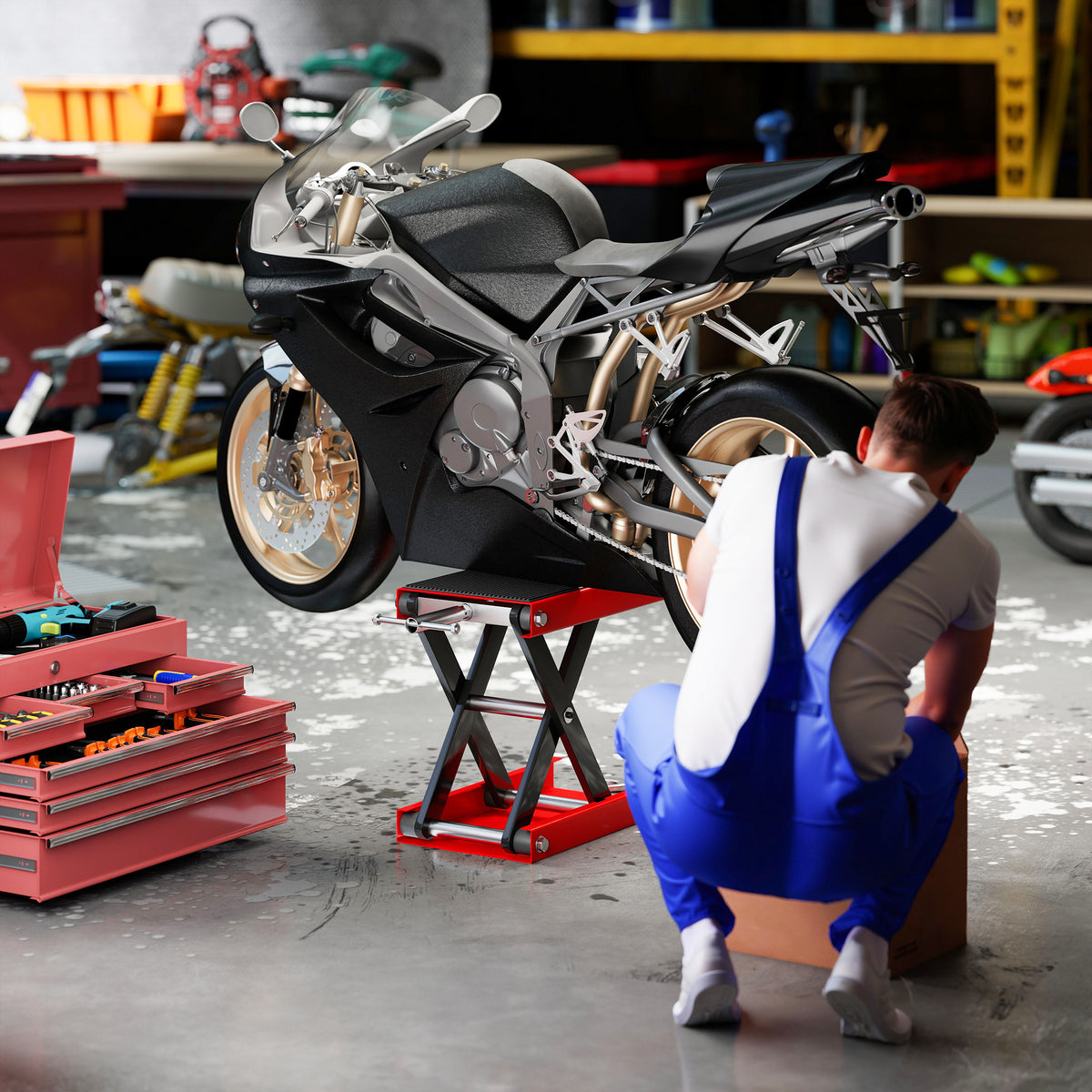 Motorfiets schaarlift 500 kg, hefhoogte 10-37 cm - Stalen motorlift met antislip-platform - Offroad-werkplaatsstandaard voor onderhoud, rood