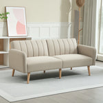 Canapé Convertible 2 Places Design scandinave Dossier inclinable 3 Positions Pieds Bois Tissu Aspect Lin Beige