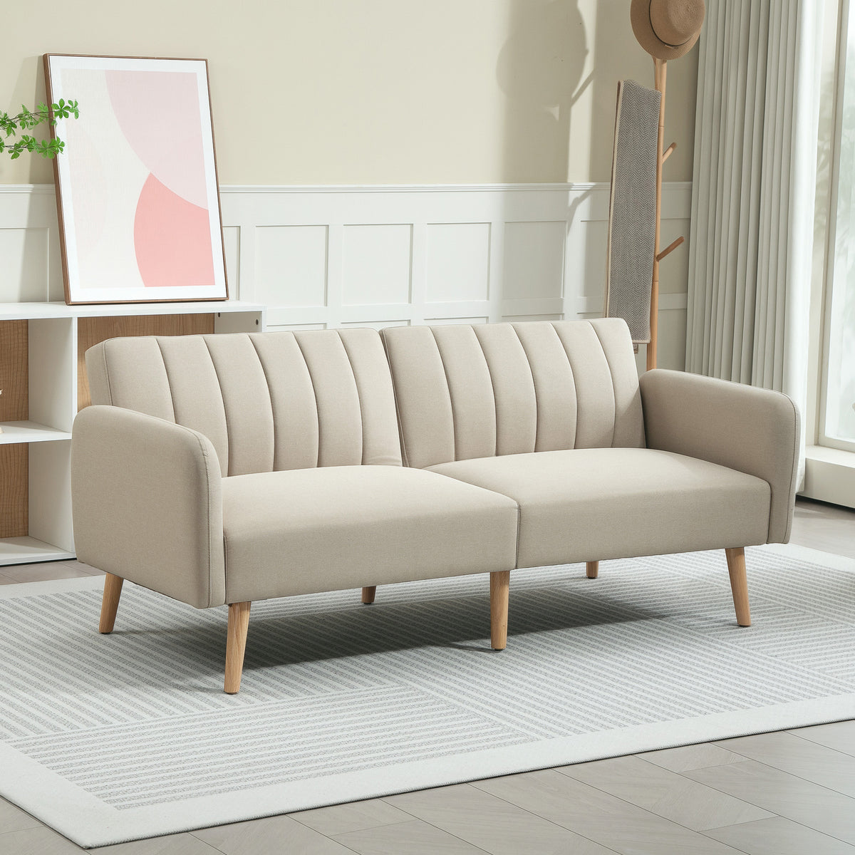Canapé Convertible 2 Places Design scandinave Dossier inclinable 3 Positions Pieds Bois Tissu Aspect Lin Beige