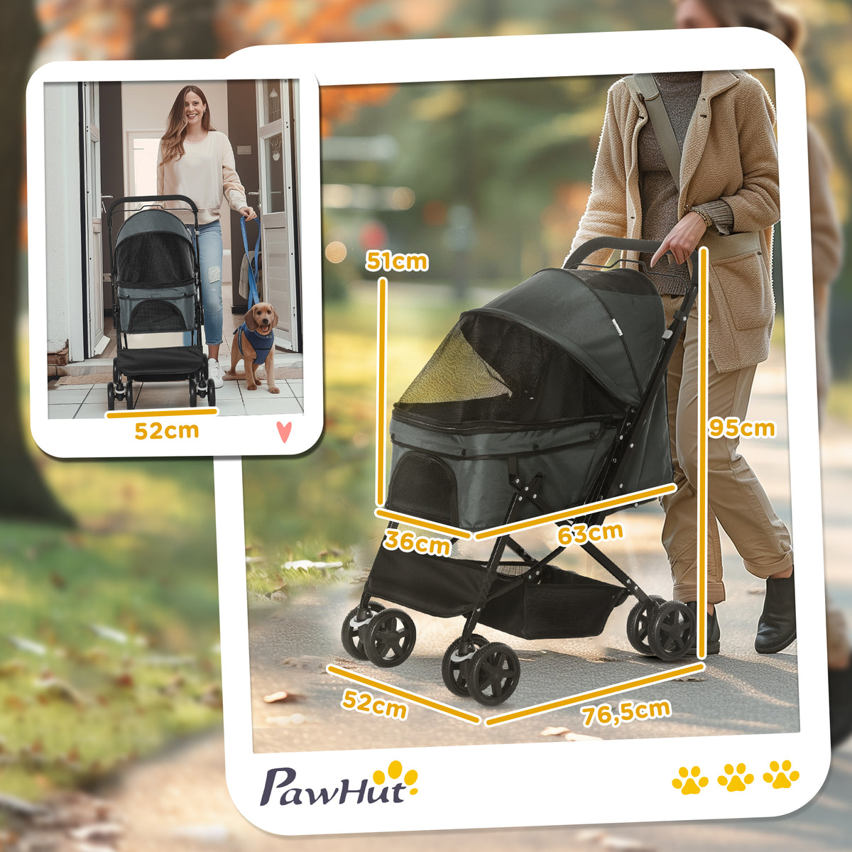 Cochecito plegable para perros y mascotas, 4 ruedas de EVA, manillar ajustable, cesta, 76,5 x 52 x 95 cm