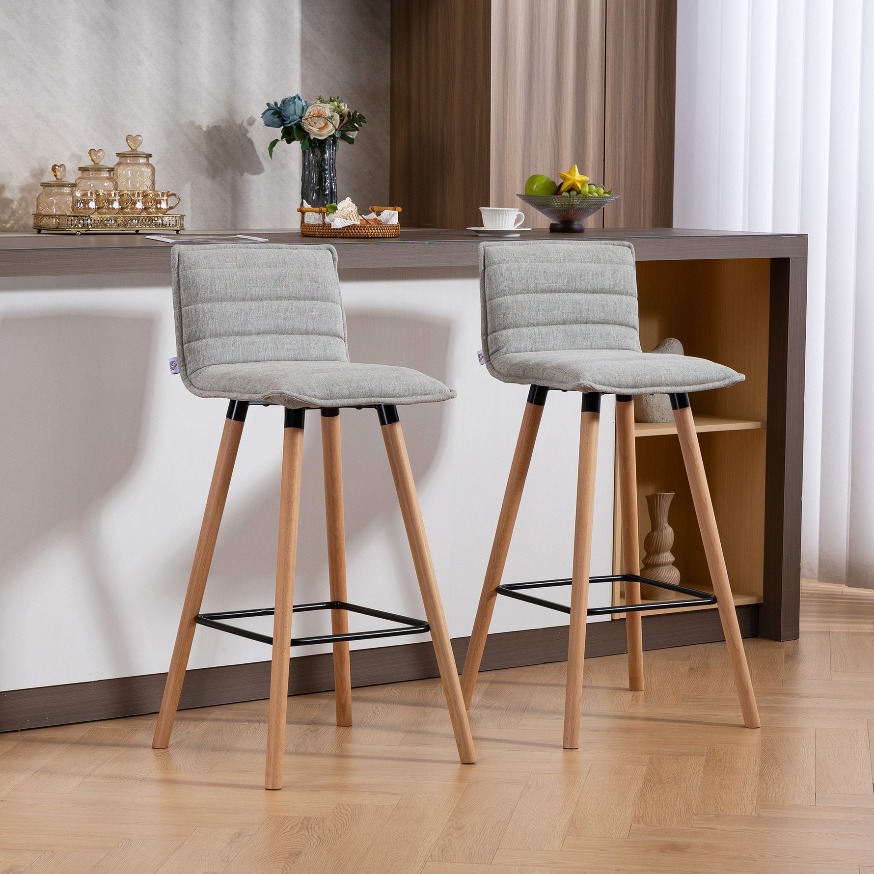 Lot de 2 tabourets de bar, chaises de bar, assise rembourrée, dossier et repose-pieds, 48 x 48 x 99,5 cm, gris