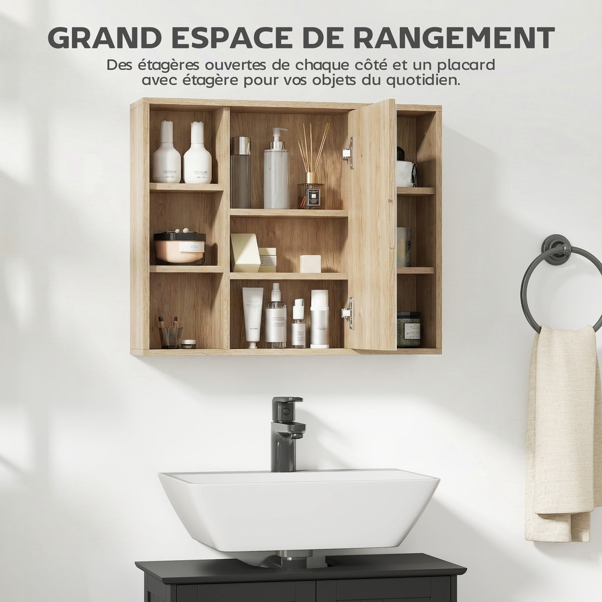 Meuble salle de bain avec miroir, placard à portes et 6 compartiments ouverts, 60 x 14,5 x 49,4 cm, bois naturel