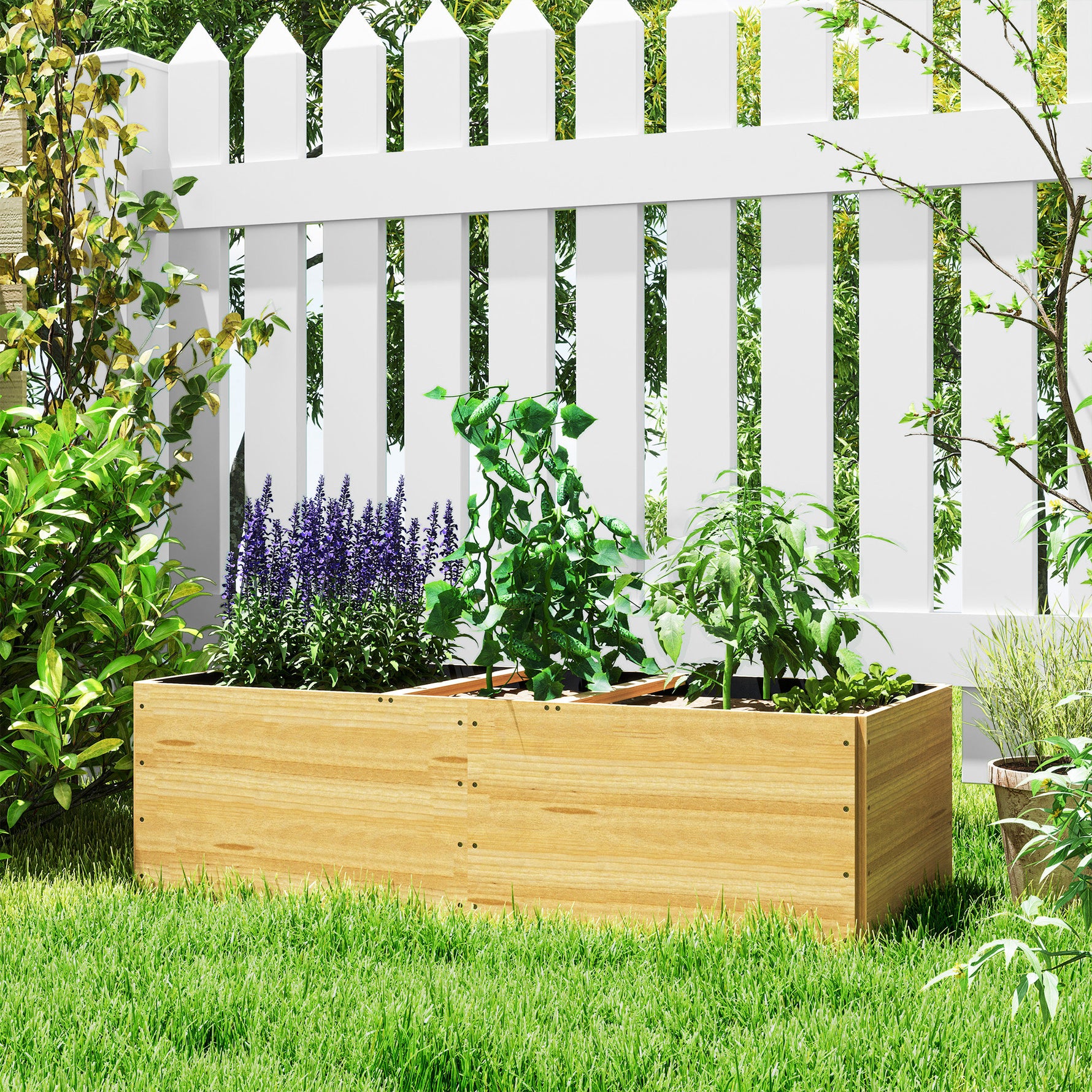 Jardinière extérieur, carré potager en bois, 3 compartiments de plantation et doublure inclus, 140x60x40cm, naturel