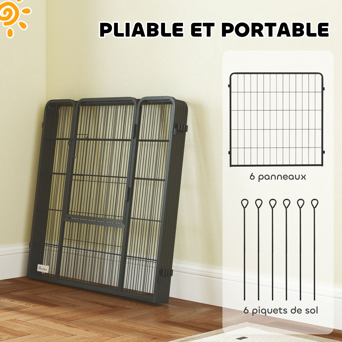 Dog playpen, 6-panel modular and foldable dog enclosure, portable steel with door 80 x 80 grey