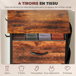 Commode 4 tiroirs en tissu, meuble de rangement avec 4 poches, 2 crochets, structure en acier, 45 x 30 x 94,5 cm, marron