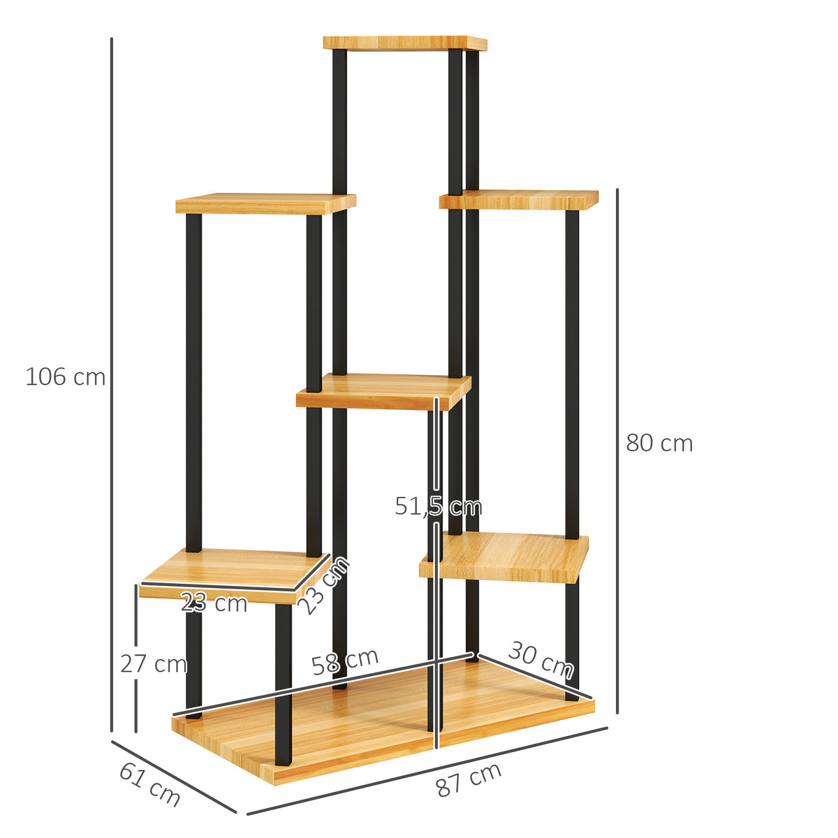 Support à plantes à 7 niveaux pour intérieur et extérieur, étagère plante en acier et bois, bois naturel