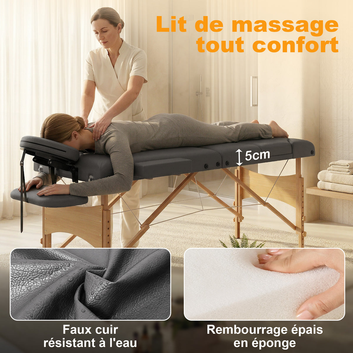 Table de massage pliante, lit de massage 3 zones portable 185 x 60 cm, hauteur et dossier réglables, appui-tête, gris
