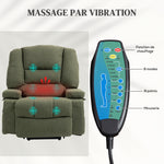 Fauteuil releveur relax électrique, fonction massage et chaleur, inclinaison réglable, repose-pied, télécommandes, vert