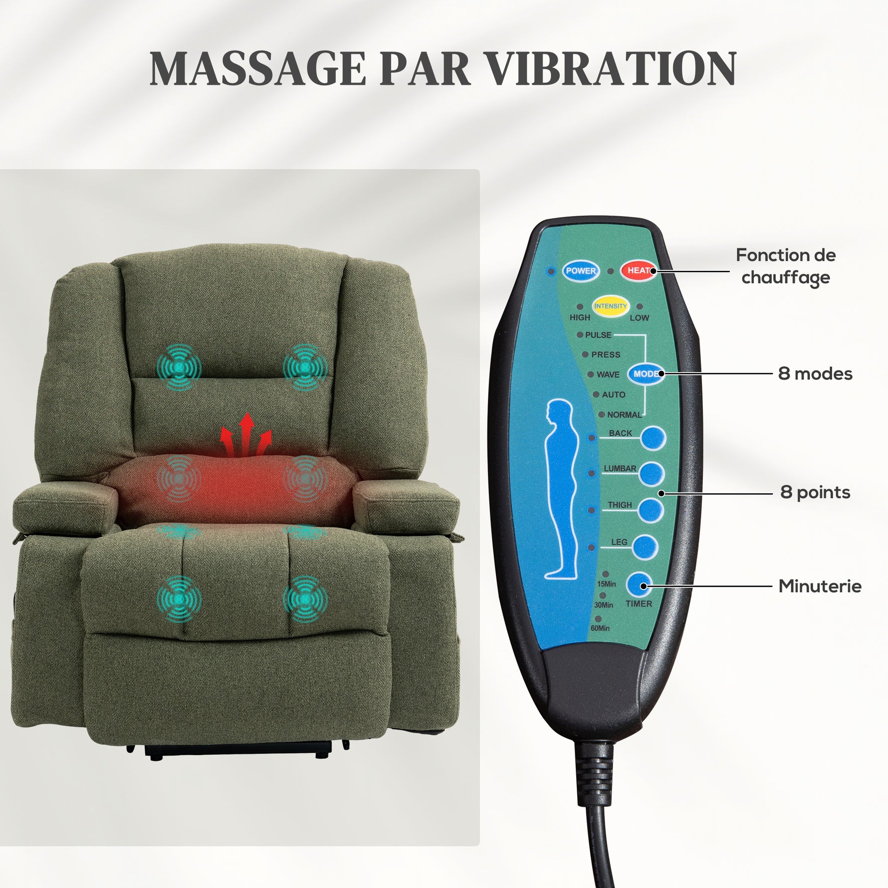 Fauteuil releveur relax électrique, fonction massage et chaleur, inclinaison réglable, repose-pied, télécommandes, vert