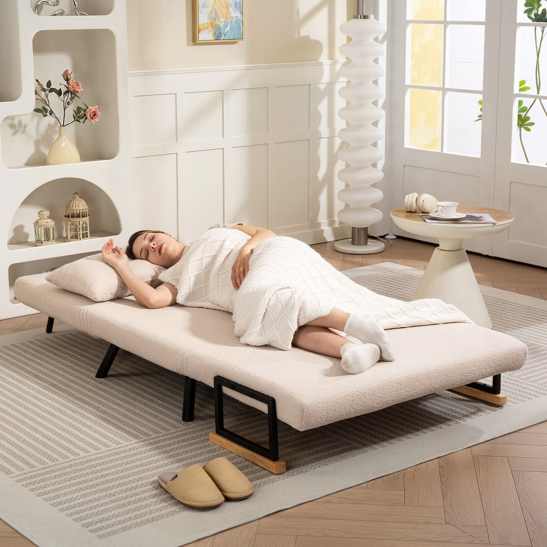 Canapé convertible 2 places 4 en 1, canapé-lit avec dossier réglable sur 5 niveaux, 2 coussins, 102 x 73 x 81 cm, beige