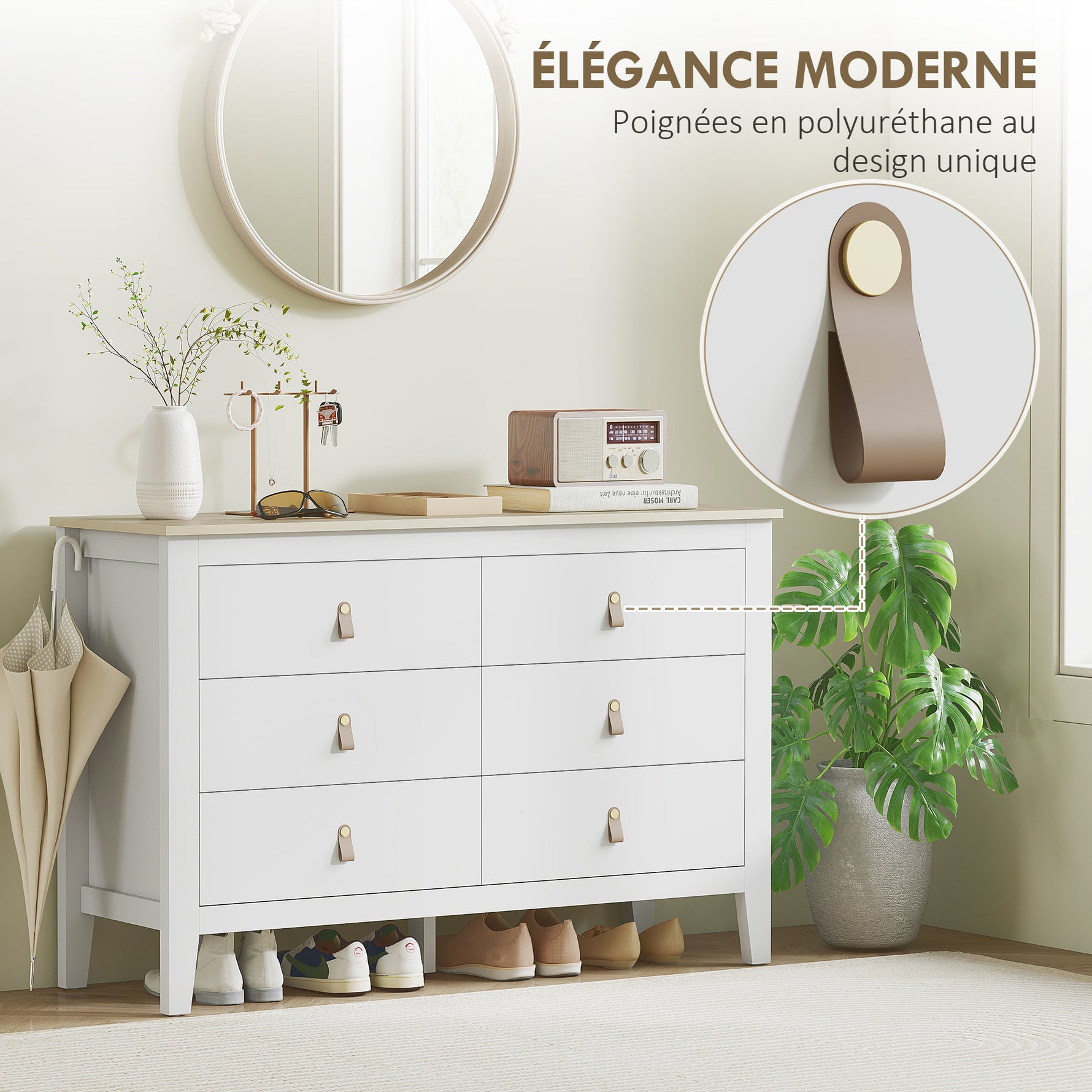 Commode 6 tiroirs meuble de rangement style contemporain avec poignées en polyuréthane, 120 x 40 x 78 cm, blanc