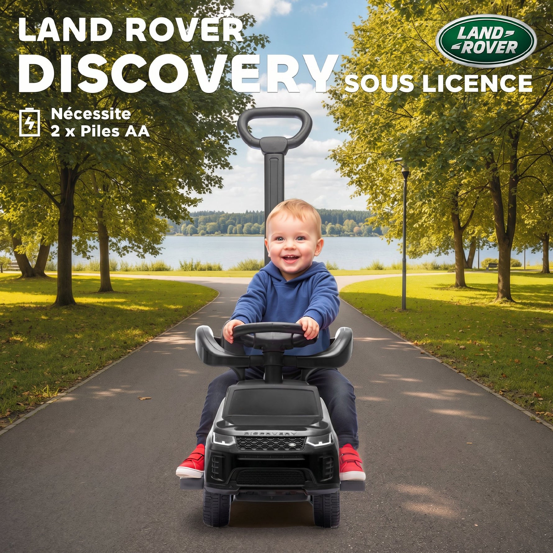 Porteur enfants Land Rover Discovery sous licence, porteur voiture à pousser avec poignée amovible, 84x40x94,5cm, noir