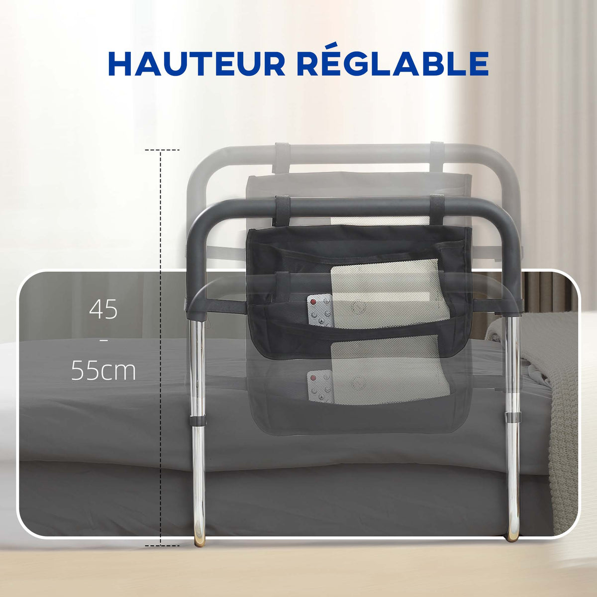 Barra de apoyo para cama, barrera segura, protector, asa ajustable en 5 alturas, bolsillo de almacenamiento, 87Lx51.5Ax45-55H cm