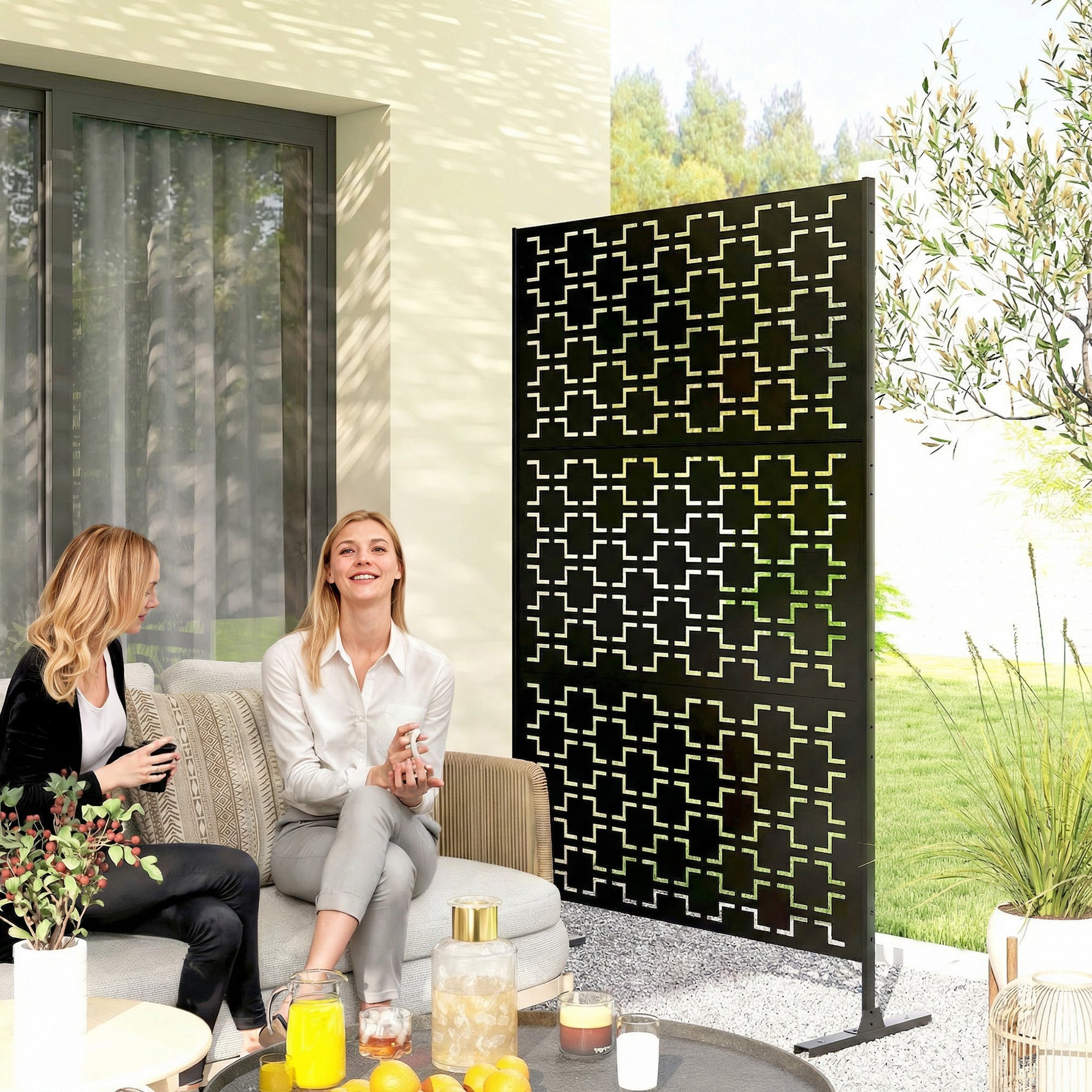 Panneau brise vue décoratif paravent extérieur à motif géométrique ajouré en métal - 122 x 45 x 198 cm, noir