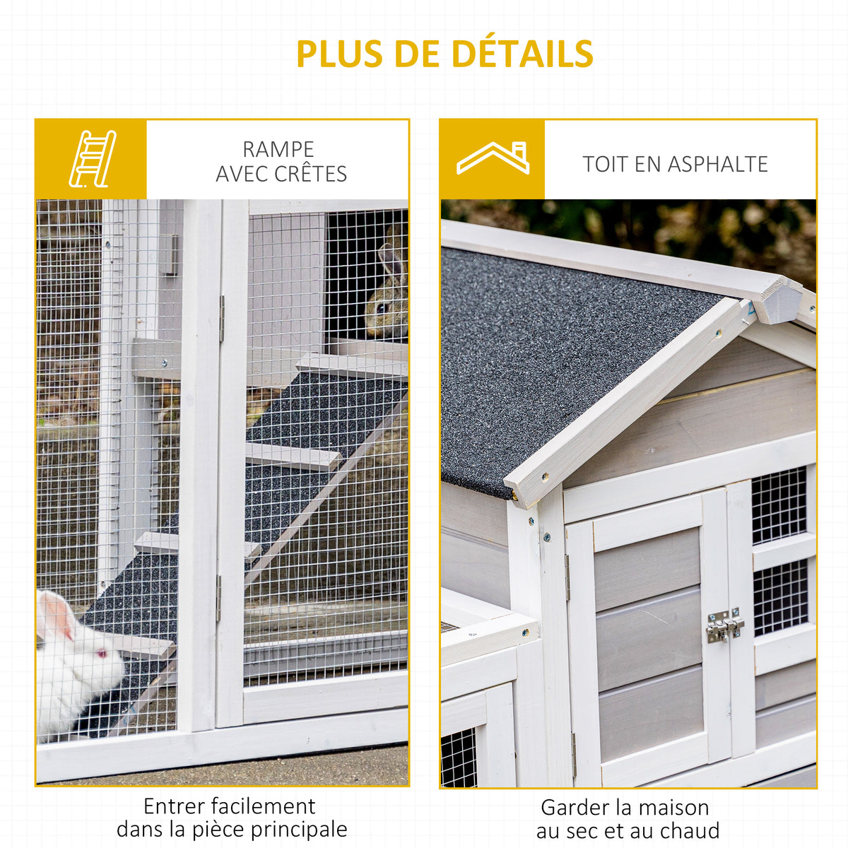 Clapier cage à lapins cottage - niche supérieure avec rampe et enclos extérieur - plateau coulissant, toit
