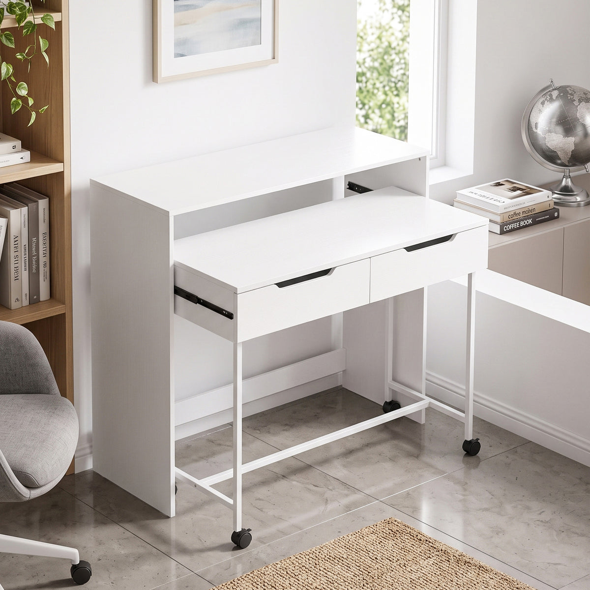 Bureau d'Ordinateur Extensible 100 cm avec 2 Tiroirs, Bureau avec Rangement, Style Moderne, Blanc