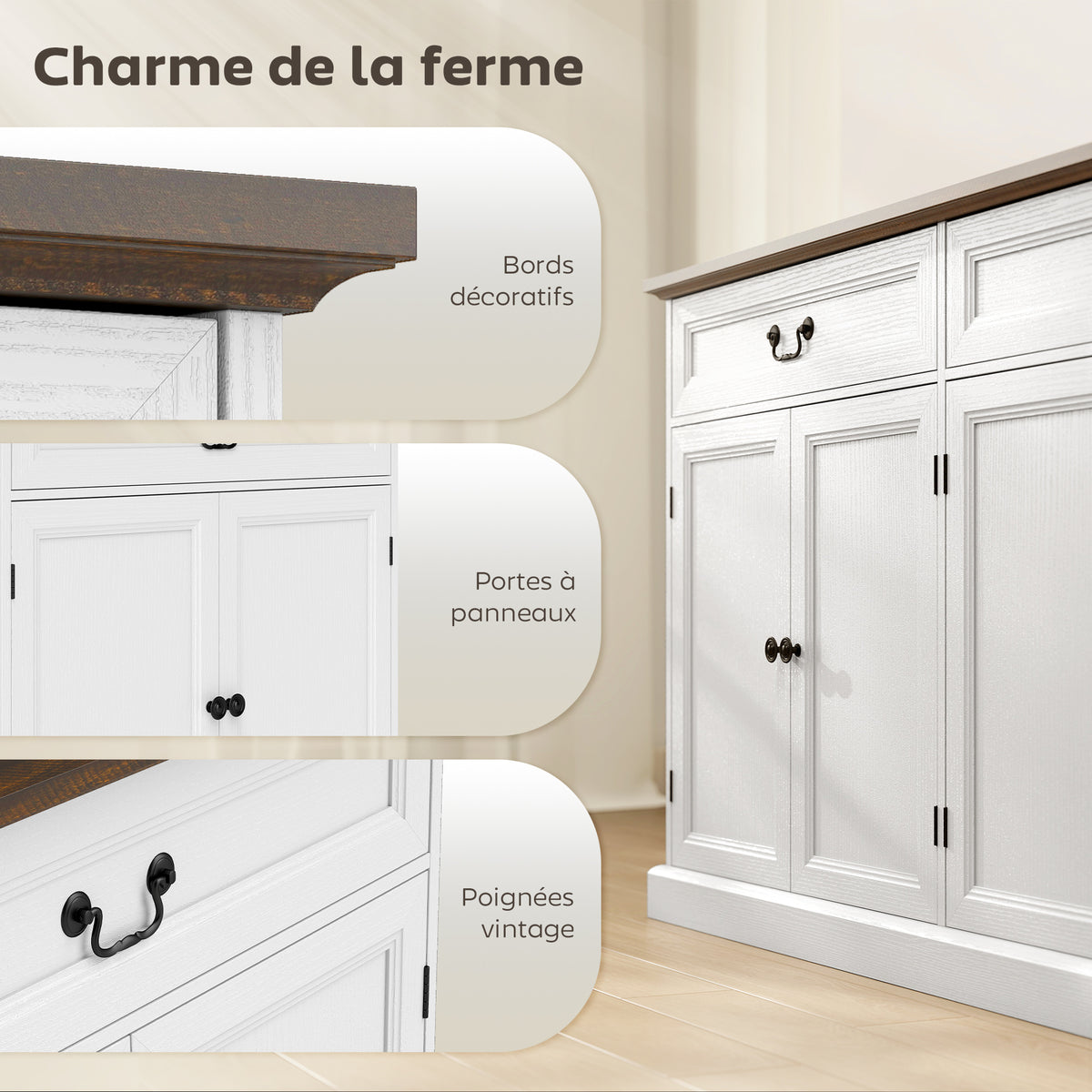 Buffet salon, meuble de rangement avec 4 portes, 2 tiroirs silencieux, étagères réglables, 140x40x85cm, blanc et marron