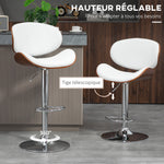 Set of 2 adjustable height bar stools, synthetic upholstery, 53 x 52 x 92-112 cm, white