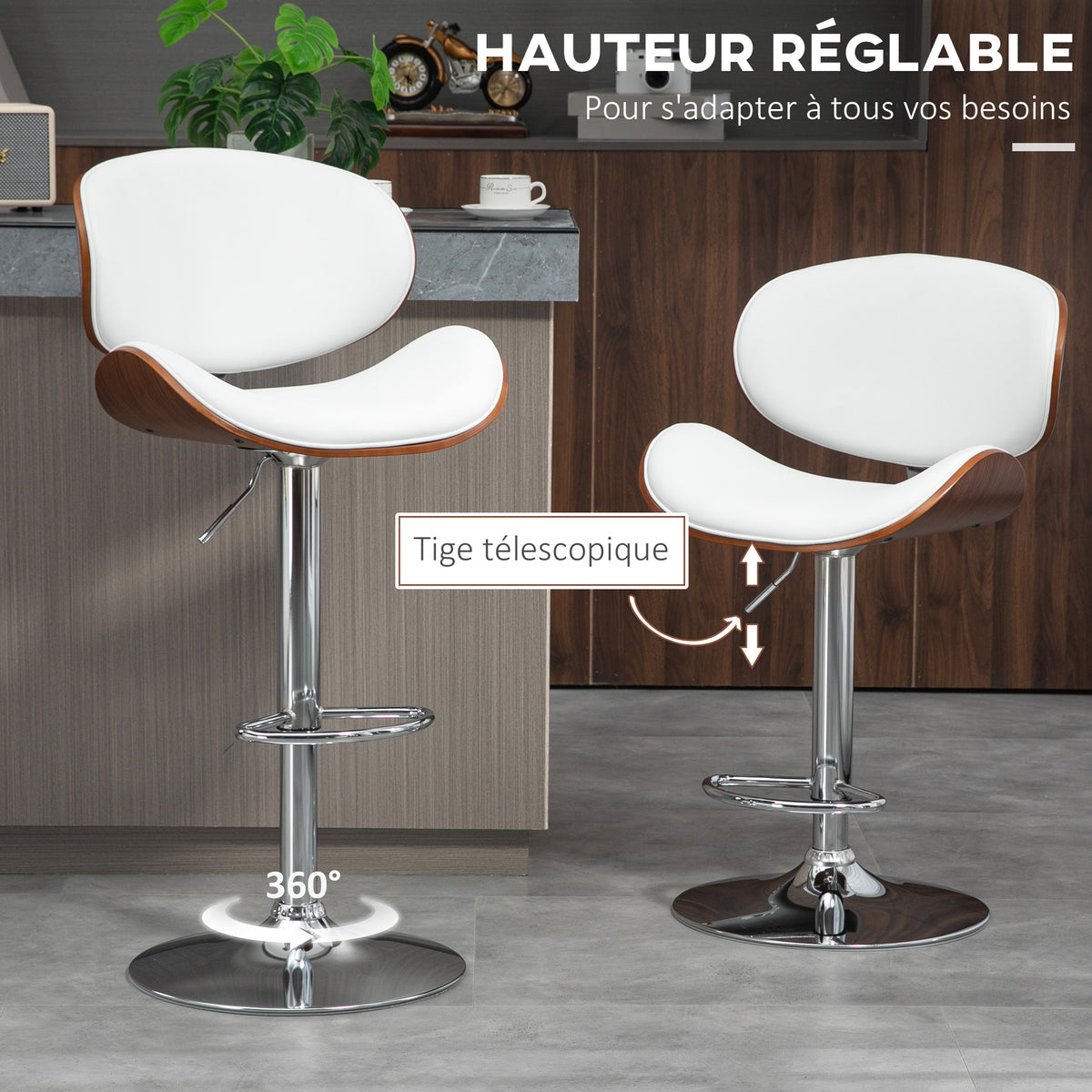 Set of 2 adjustable height bar stools, synthetic upholstery, 53 x 52 x 92-112 cm, white