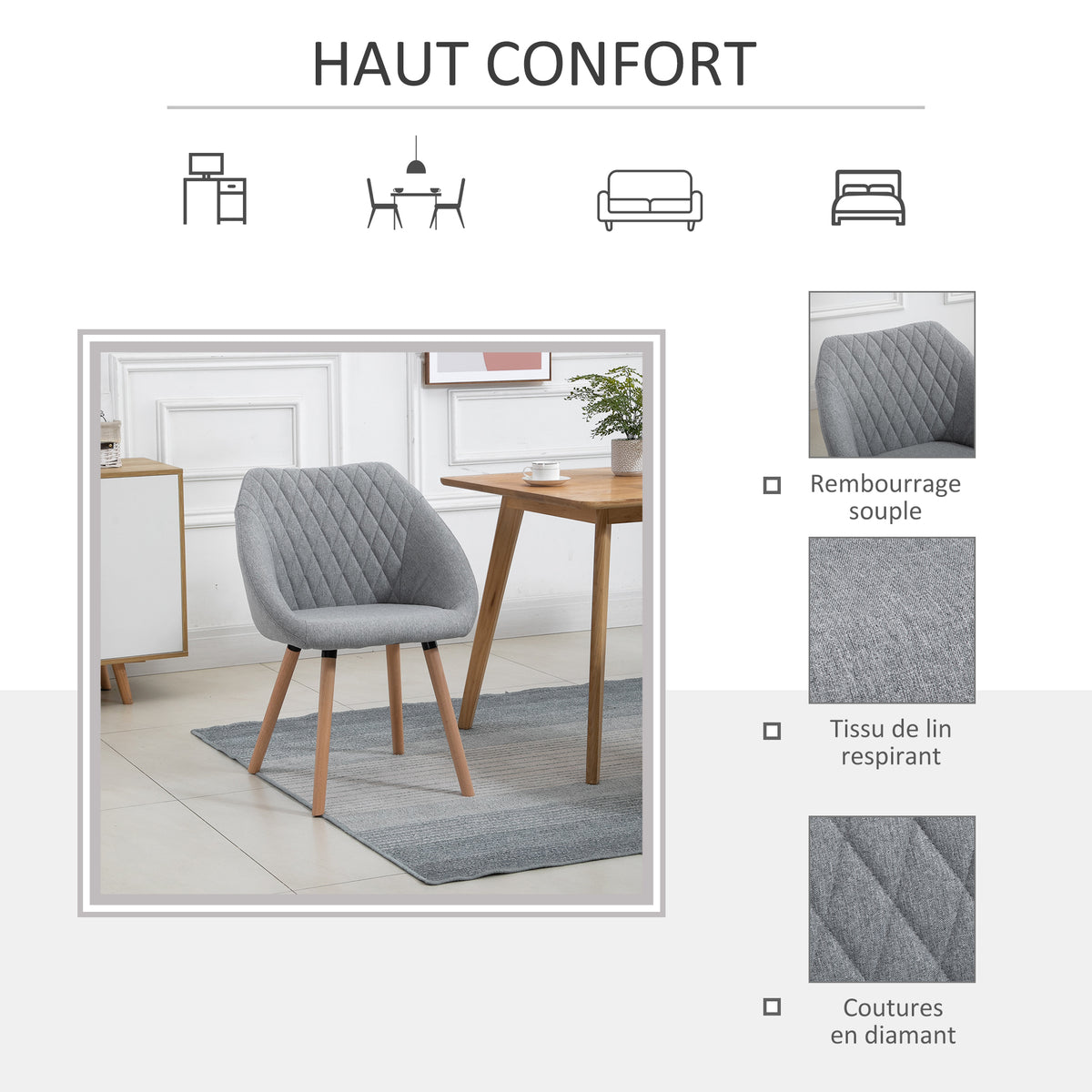 Lote de 2 sillas de comedor de diseño escandinavo - Patas cónicas de madera de haya - Asiento, respaldo y reposabrazos