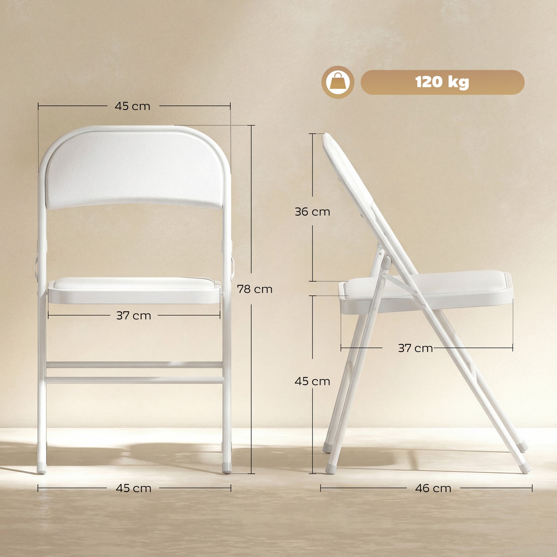 Lot de 6 chaises pliantes chaises de salle à manger portables cadre en acier 45 x 46 x 78 cm blanc