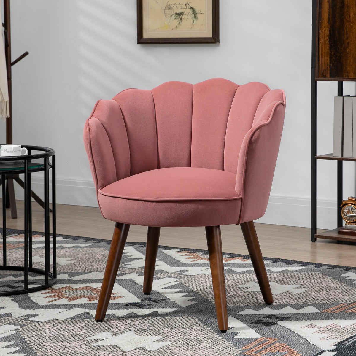 Sillón Concha Sillón de Salón Dormitorio con Respaldo y Cojín Aspecto Terciopelo Patas de Madera de Hevea 66L x