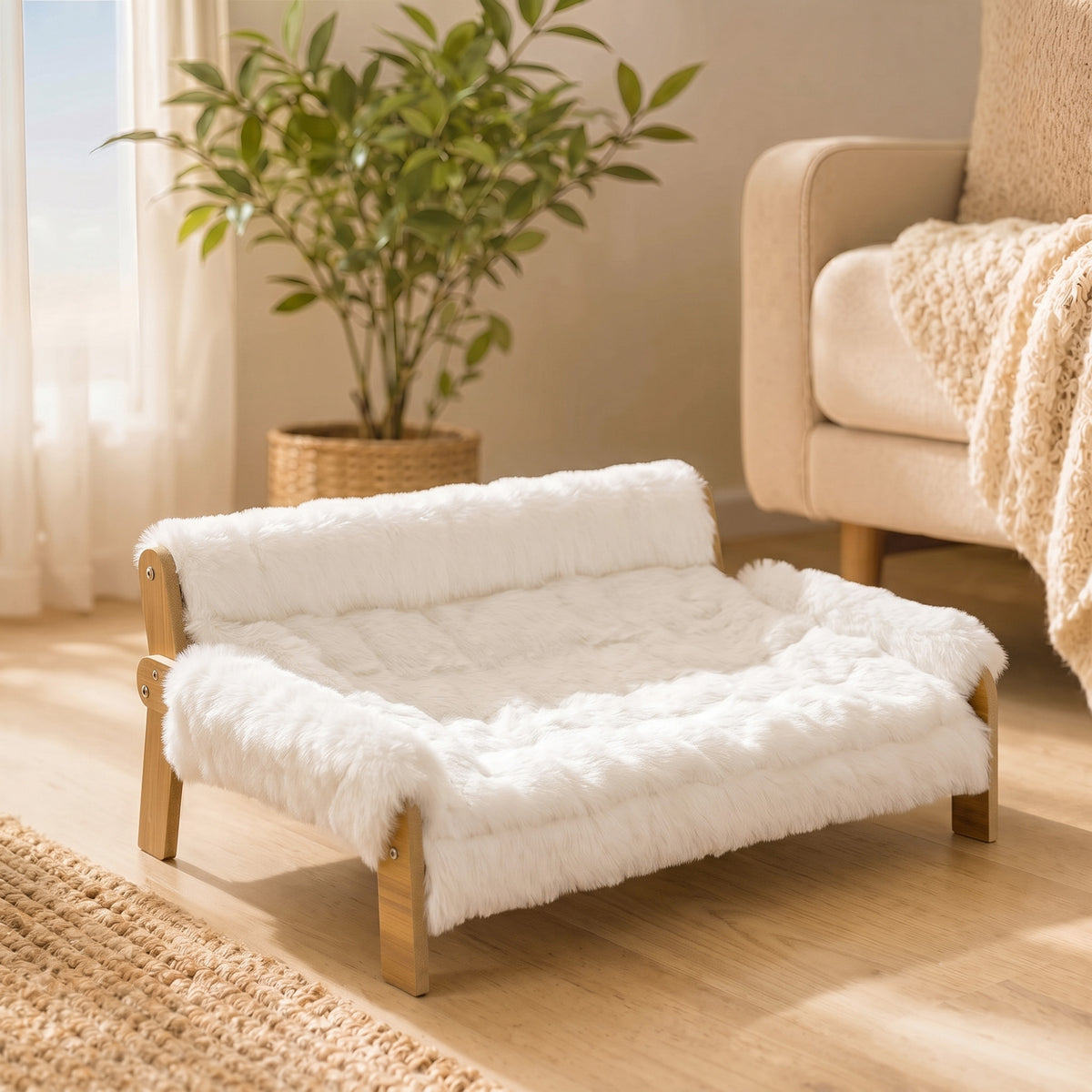 Canapé pour Chien Chat Lit Surélevé en Bois, Coussin Amovible en Peluche, Pieds Antidérapants, 70 x 47 x 30 cm, Blanc