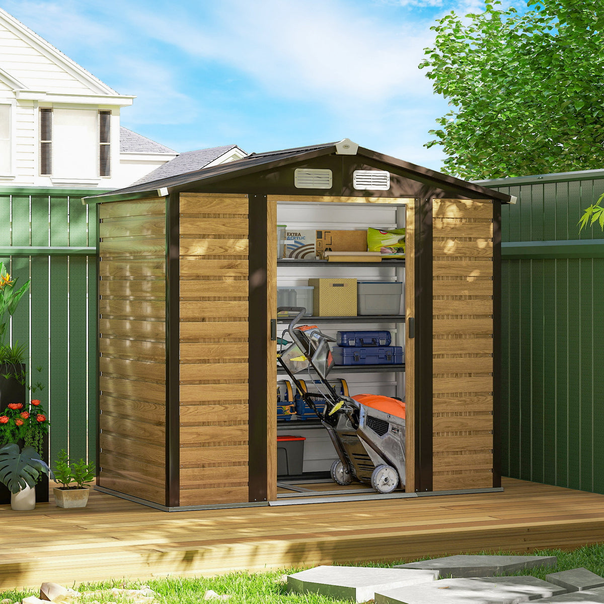 Abri de jardin 2,36 m², cabane de jardin exterieur en acier galvanisé facile à monter, 213x120x194cm chêne