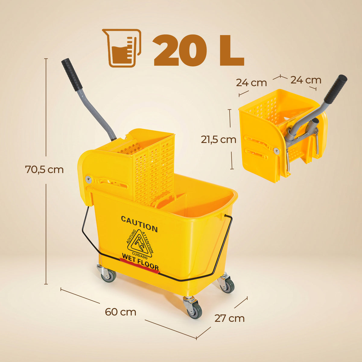 Chariot de nettoyage lavage seau de ménage 20 L avec essoreur et séparateur eau sale propre jaune 60L x 27l x 70,5H cm