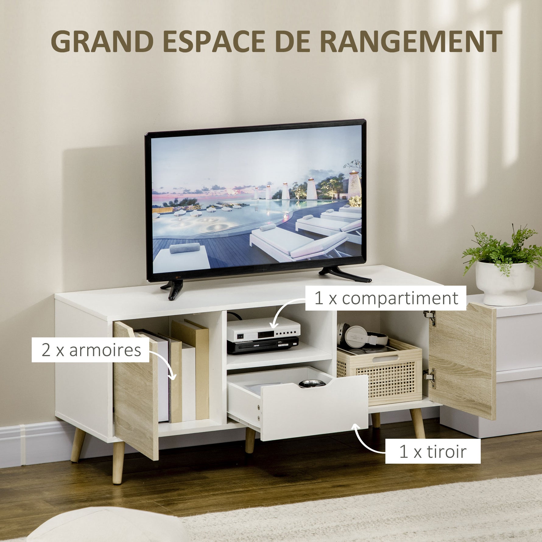 Meuble TV Banc TV Buffet bas Meuble de rangement sur pied avec 2 placards en Bois pour Chambre Salon 110 x 40 x
