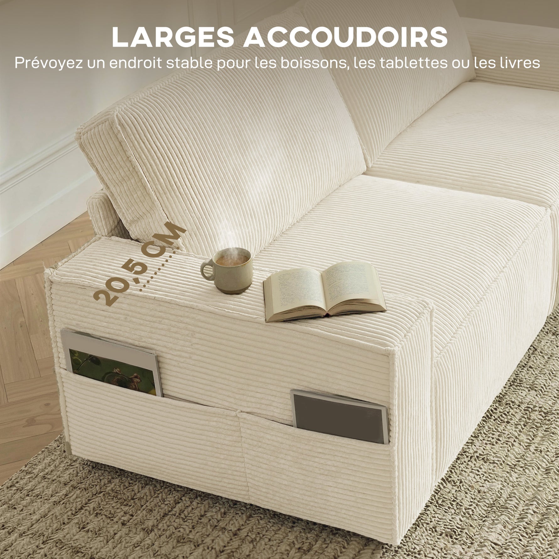 Canapé 3 places en velours côtelé 218 cm, canapé salon,  coussins à ressorts, larges accoudoirs, 2 coussins, beige
