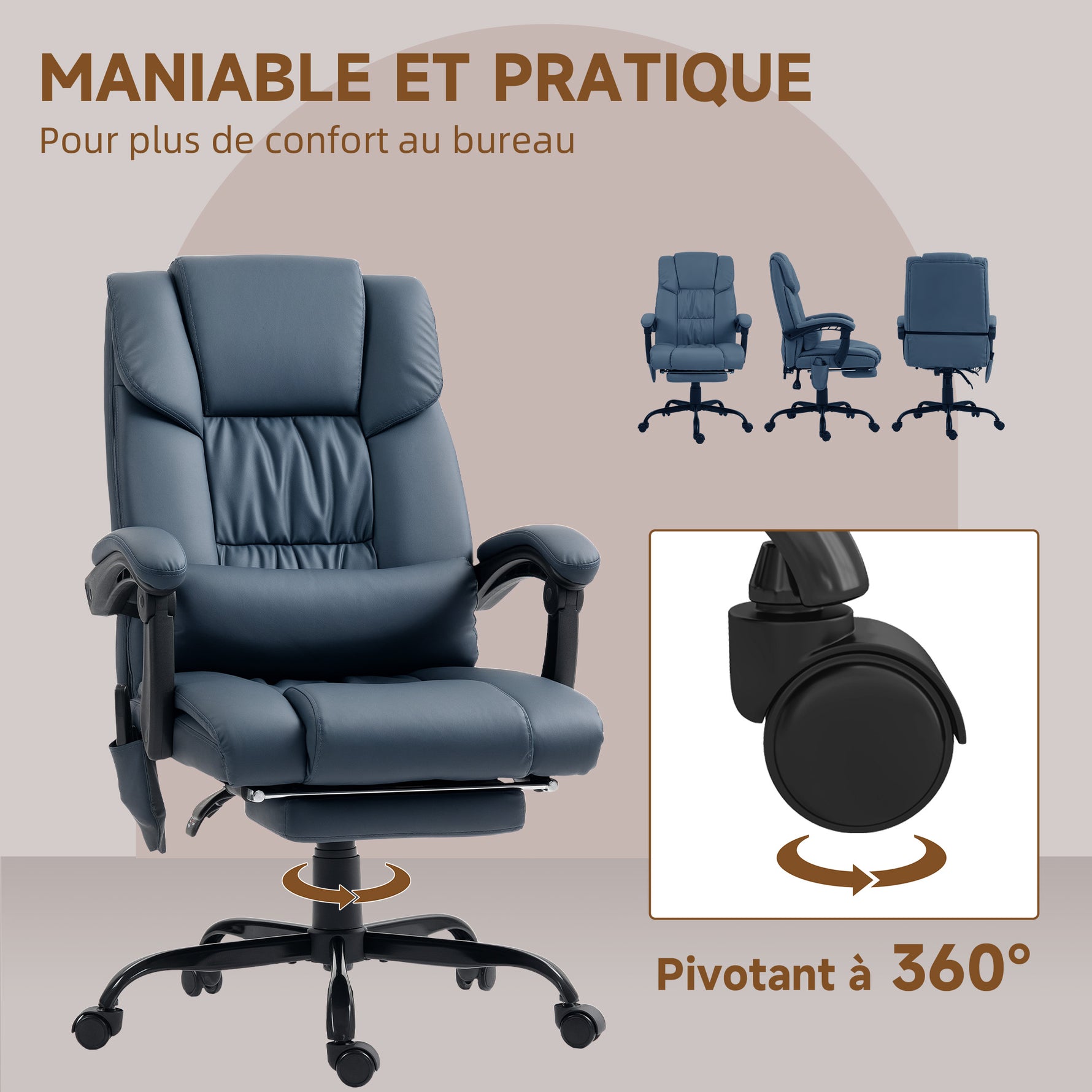 Fauteuil de bureau massant, repose-pied, hauteur réglable, dossier inclinable, télécommande filaire, 66x75x122cm, bleu