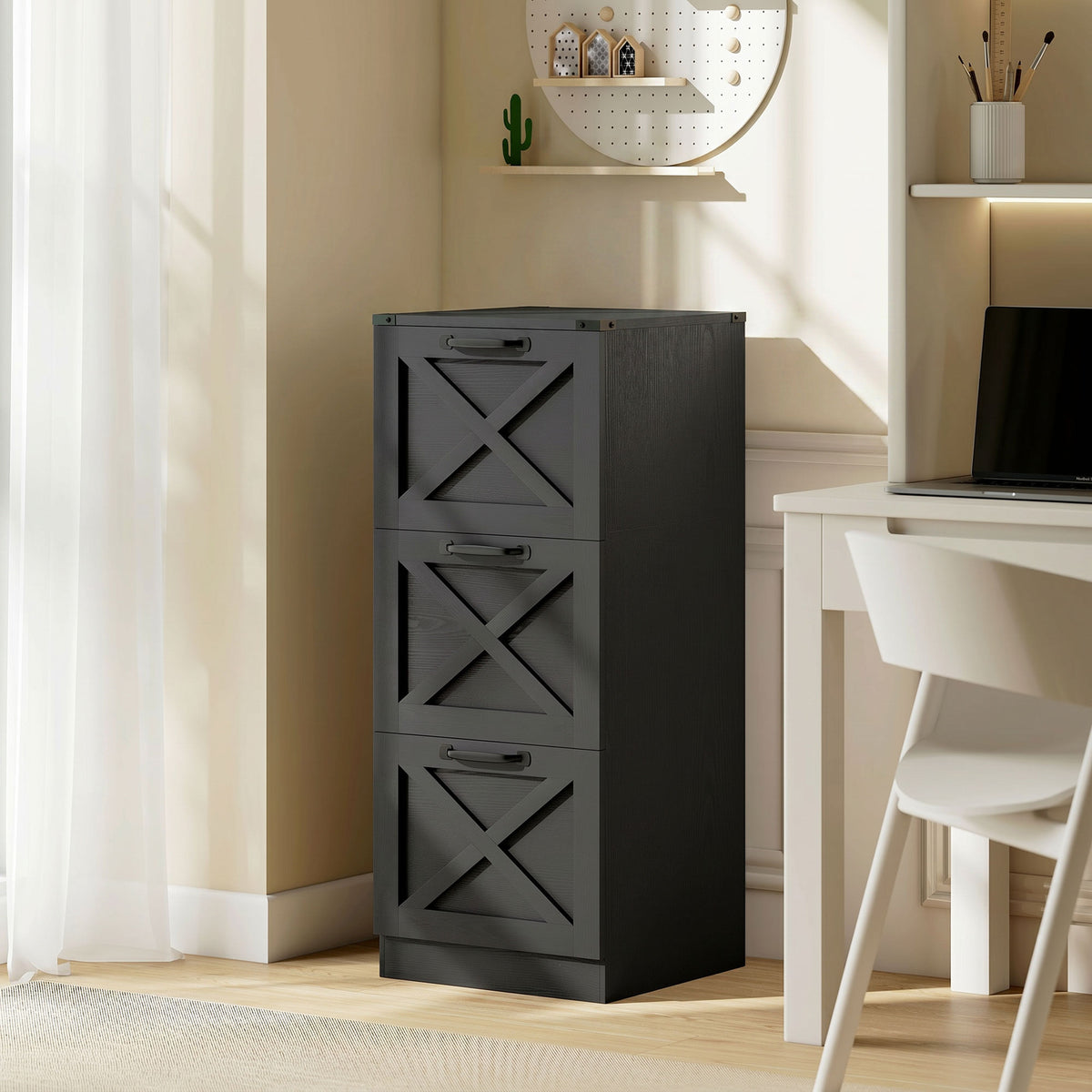 Caisson de Bureau avec 3 Tiroirs, Dossiers Suspendus pour Formats Lettre/A4, Style Rustique, 40x40x101cm, Noir