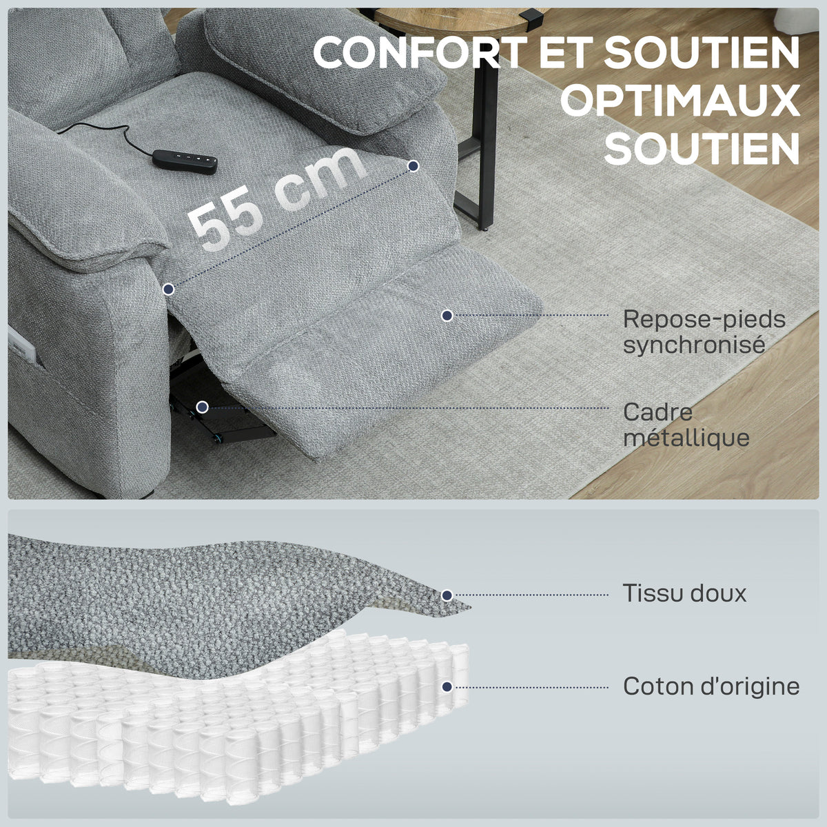 Sillón relax eléctrico, sillón reclinable, puerto USB, reposapiés, bolsillos laterales, mando a distancia, 86x90x103cm, gris claro