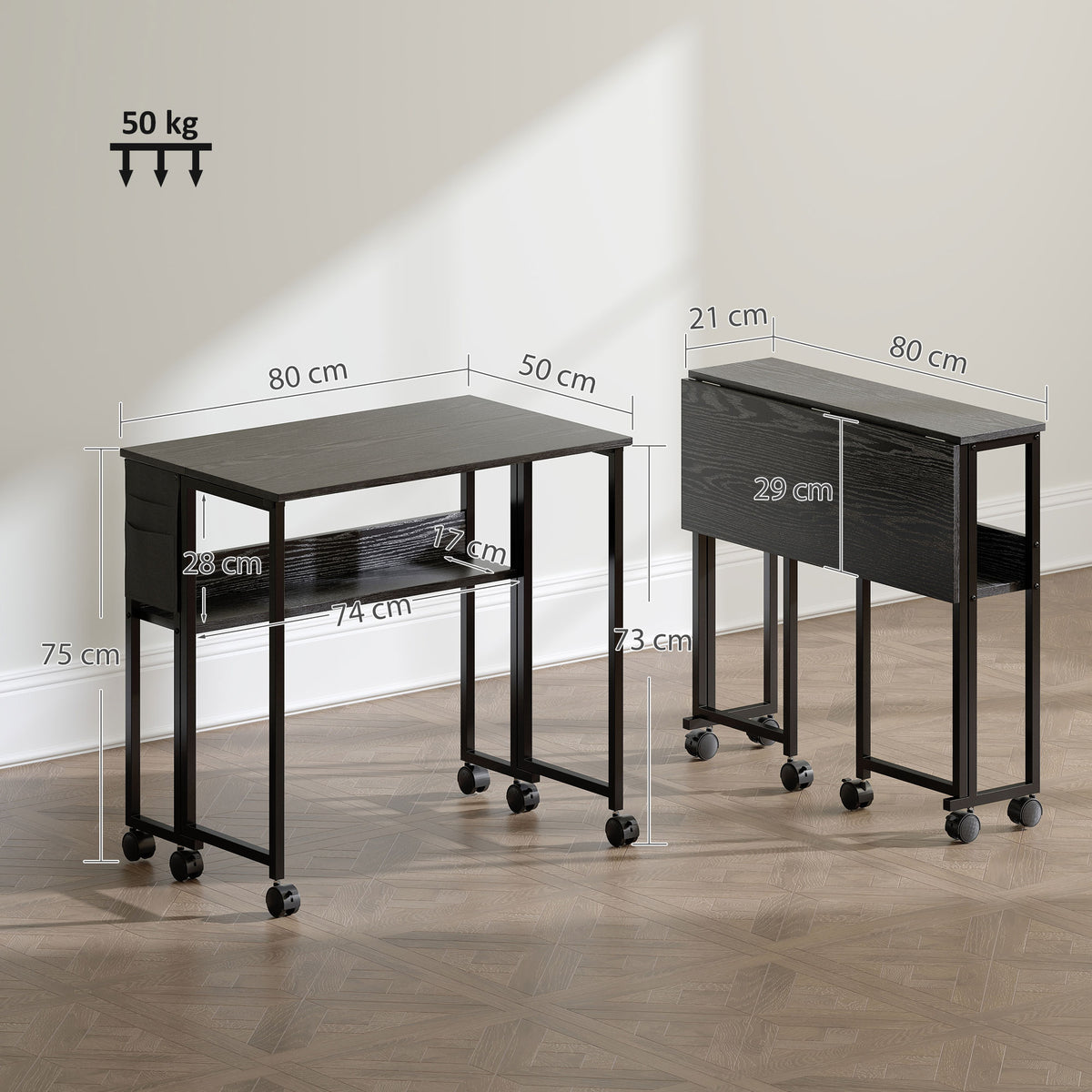 Bureau pliable sur roulettes 80 x 50 cm avec étagère et sac de rangement, noir